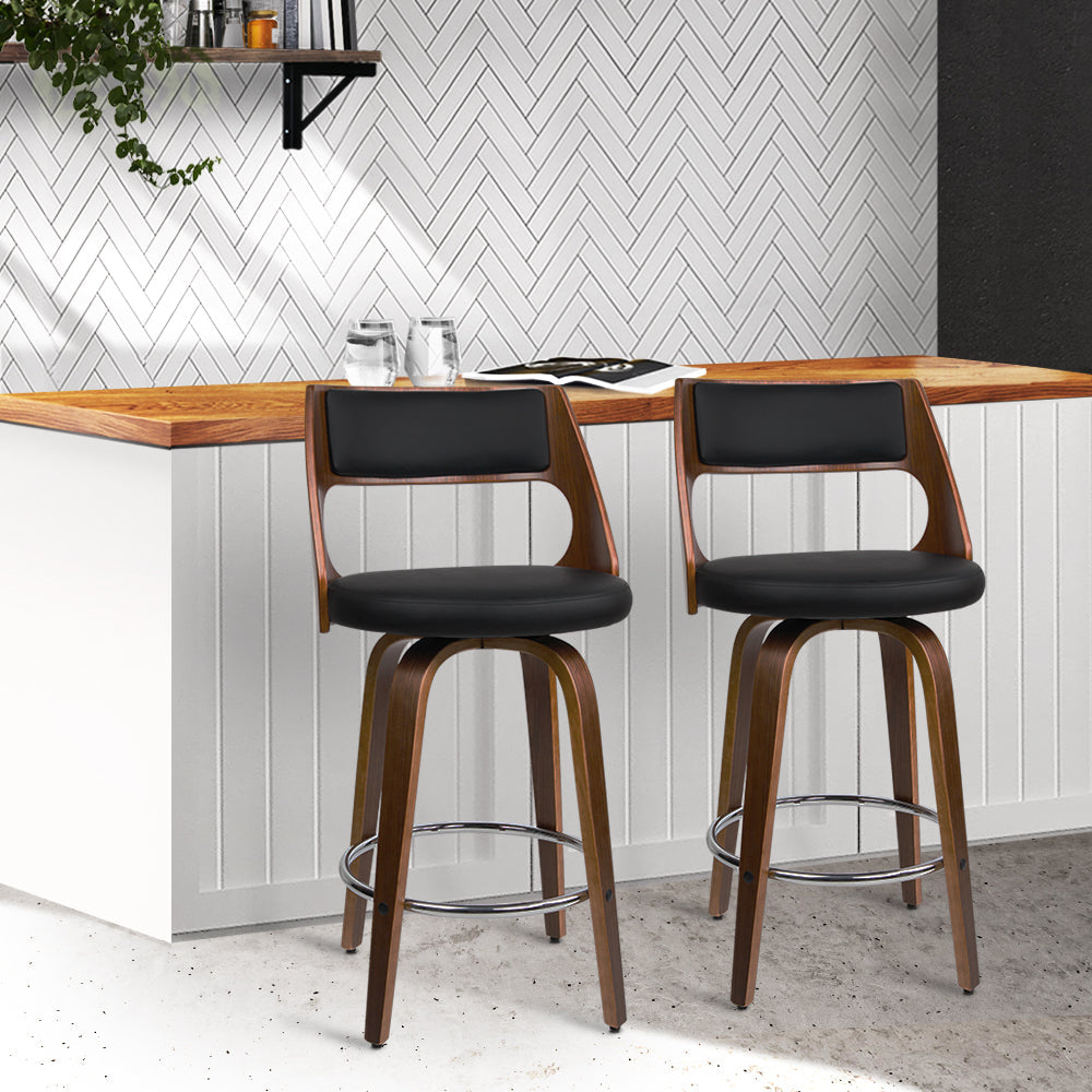 Stool Haven Set of 2 Wooden Bar Stools PU Leather - Black and Wood