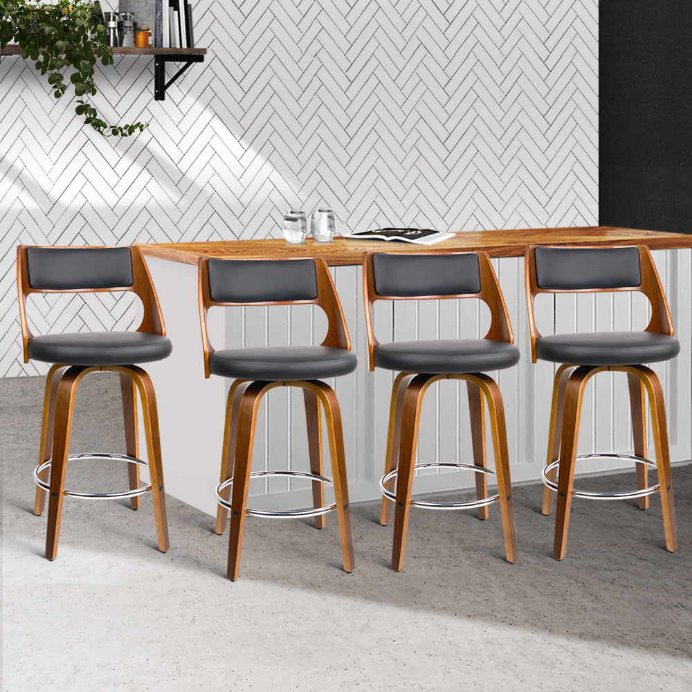Stool Haven Set of 4 Wooden Bar Stools PU Leather - Black and Wood