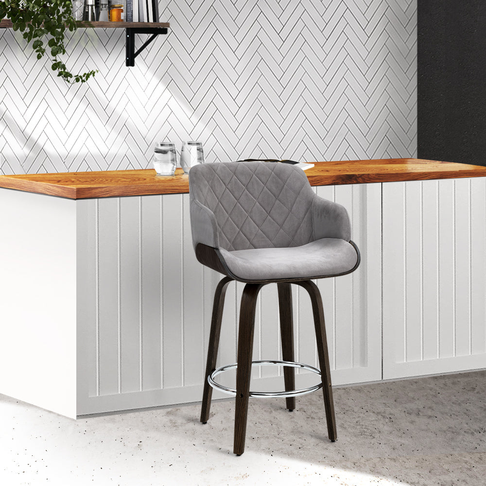 Stool Haven Velvet Bar Stool Swivel - Grey and Wood