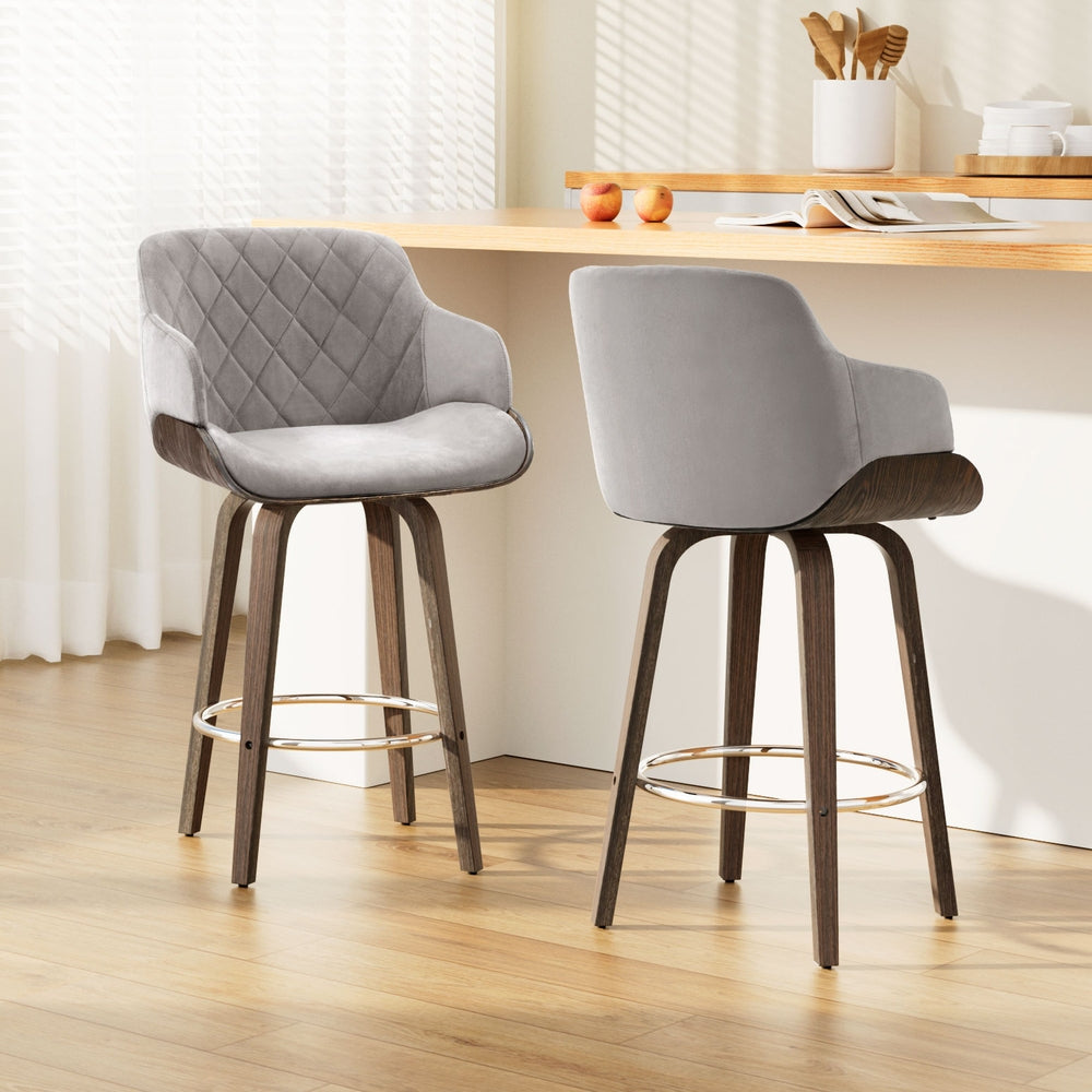Stool Haven 2 x Bar Stools Swivel Velvet Padded Wooden - Grey