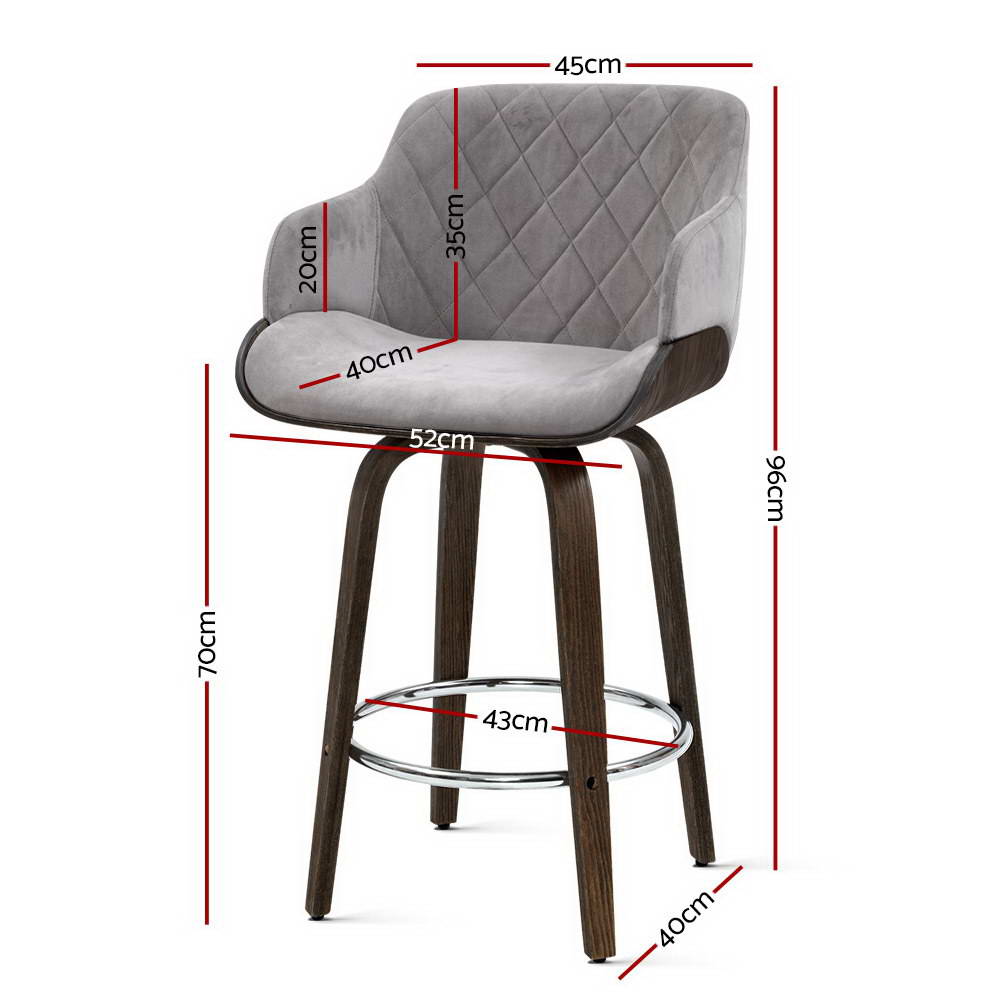 Stool Haven 2 x Bar Stools Swivel Velvet Padded Wooden - Grey