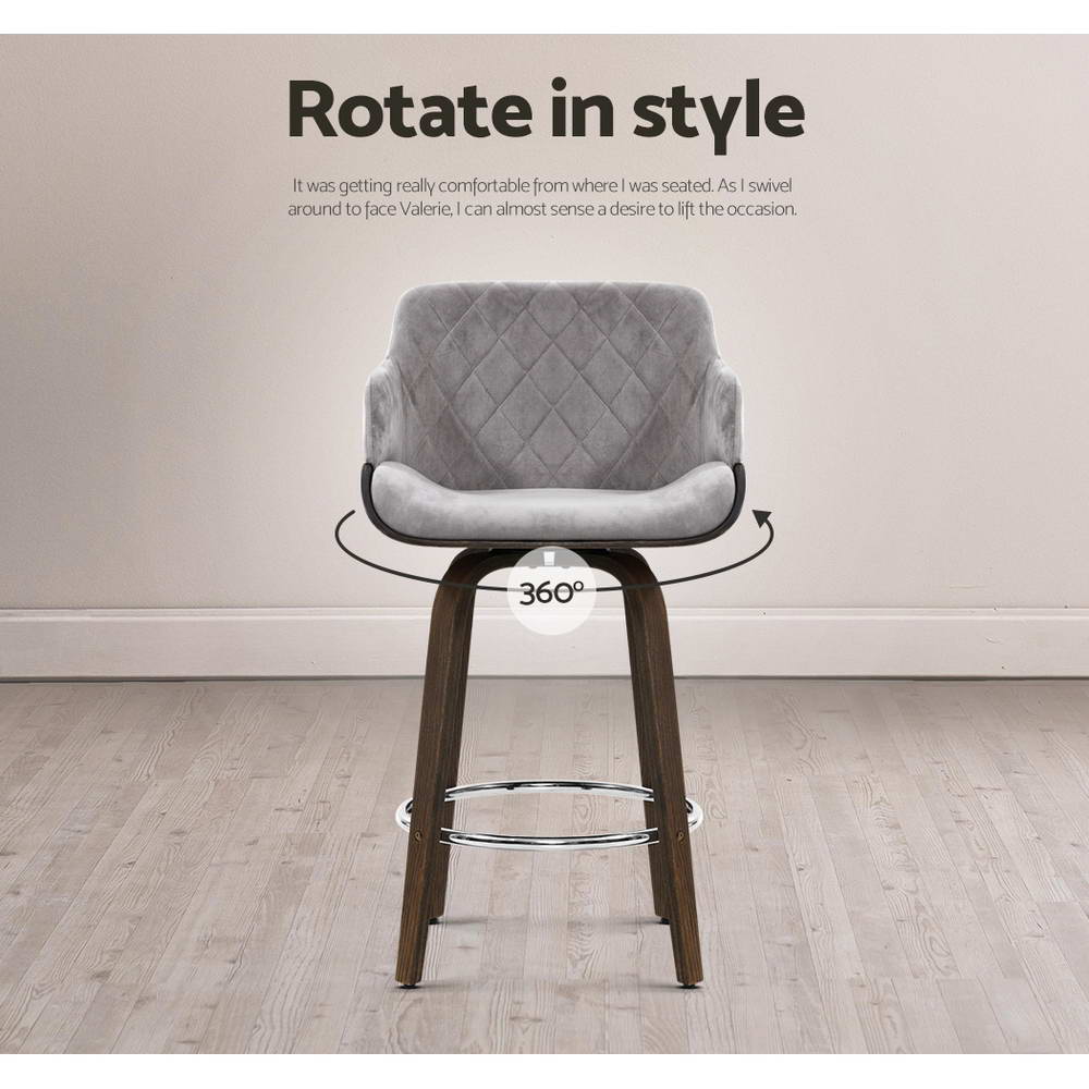 Stool Haven 2 x Bar Stools Swivel Velvet Padded Wooden - Grey