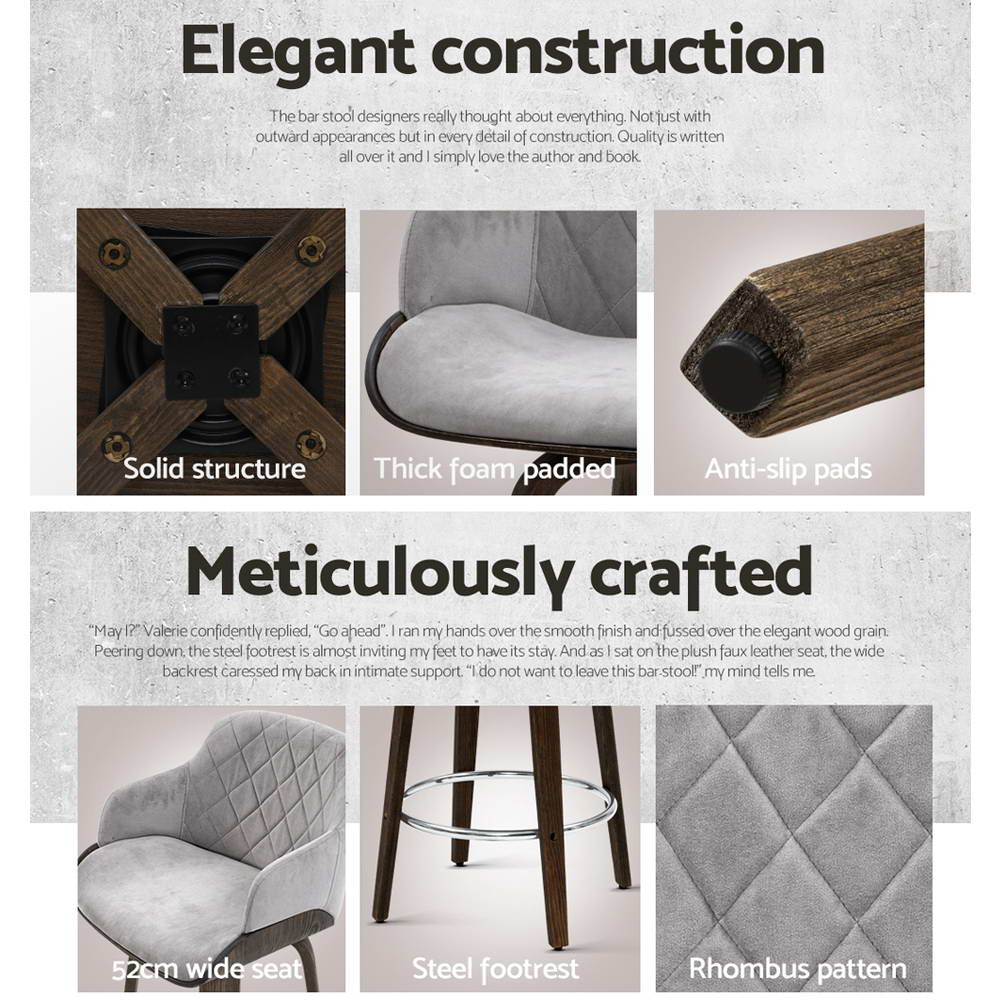 Stool Haven 2 x Bar Stools Swivel Velvet Padded Wooden - Grey