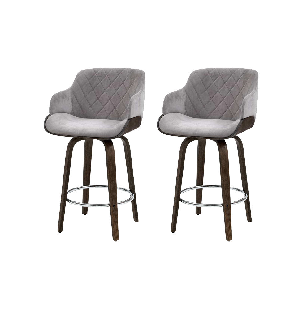 Stool Haven 2 x Bar Stools Swivel Velvet Padded Wooden - Grey