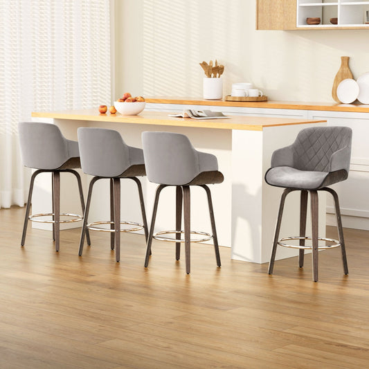 Stool Haven 4 x Bar Stools Swivel Velvet Padded Wooden - Grey