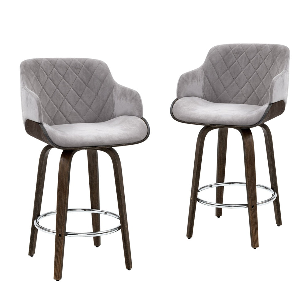 Stool Haven 4 x Bar Stools Swivel Velvet Padded Wooden - Grey