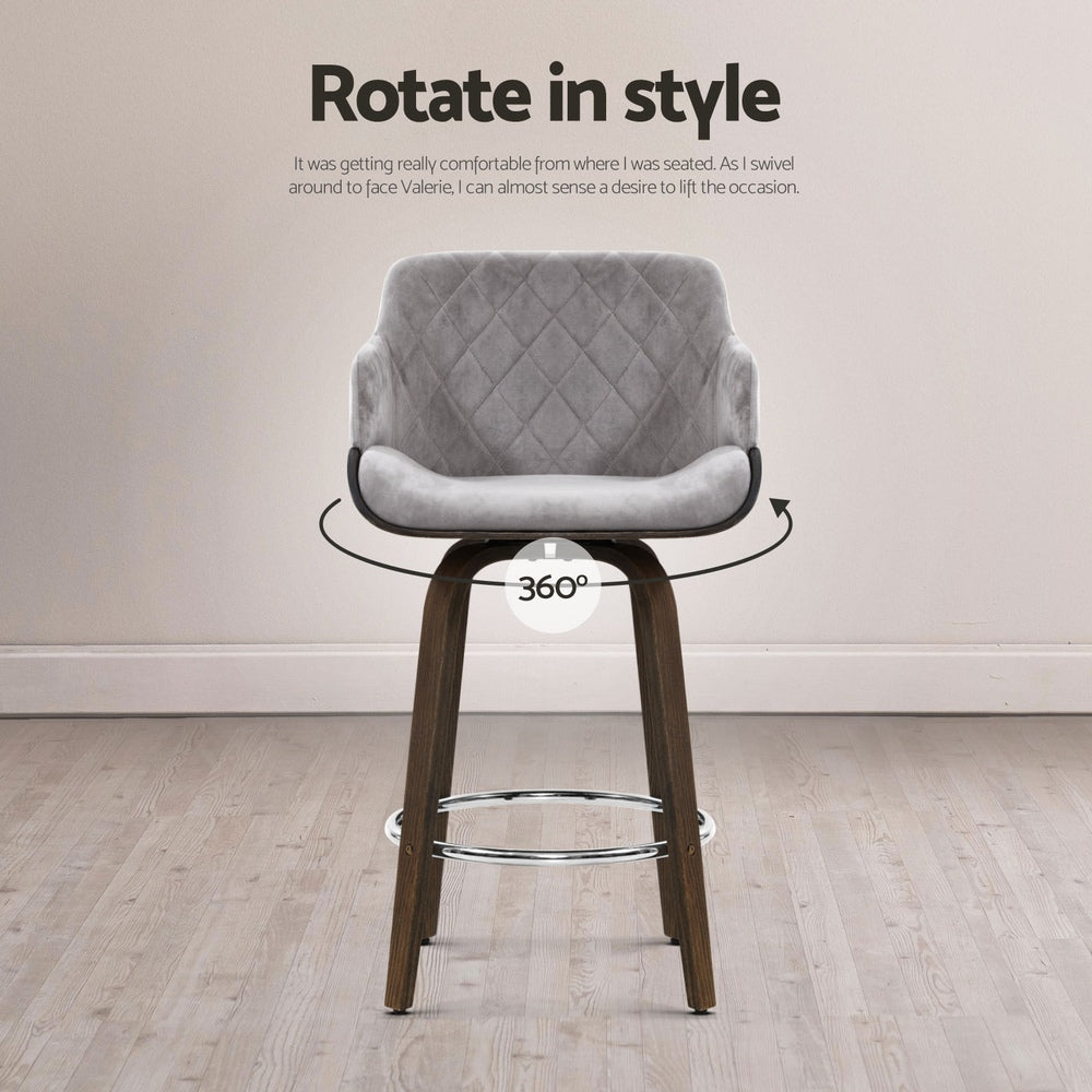 Stool Haven 4 x Bar Stools Swivel Velvet Padded Wooden - Grey