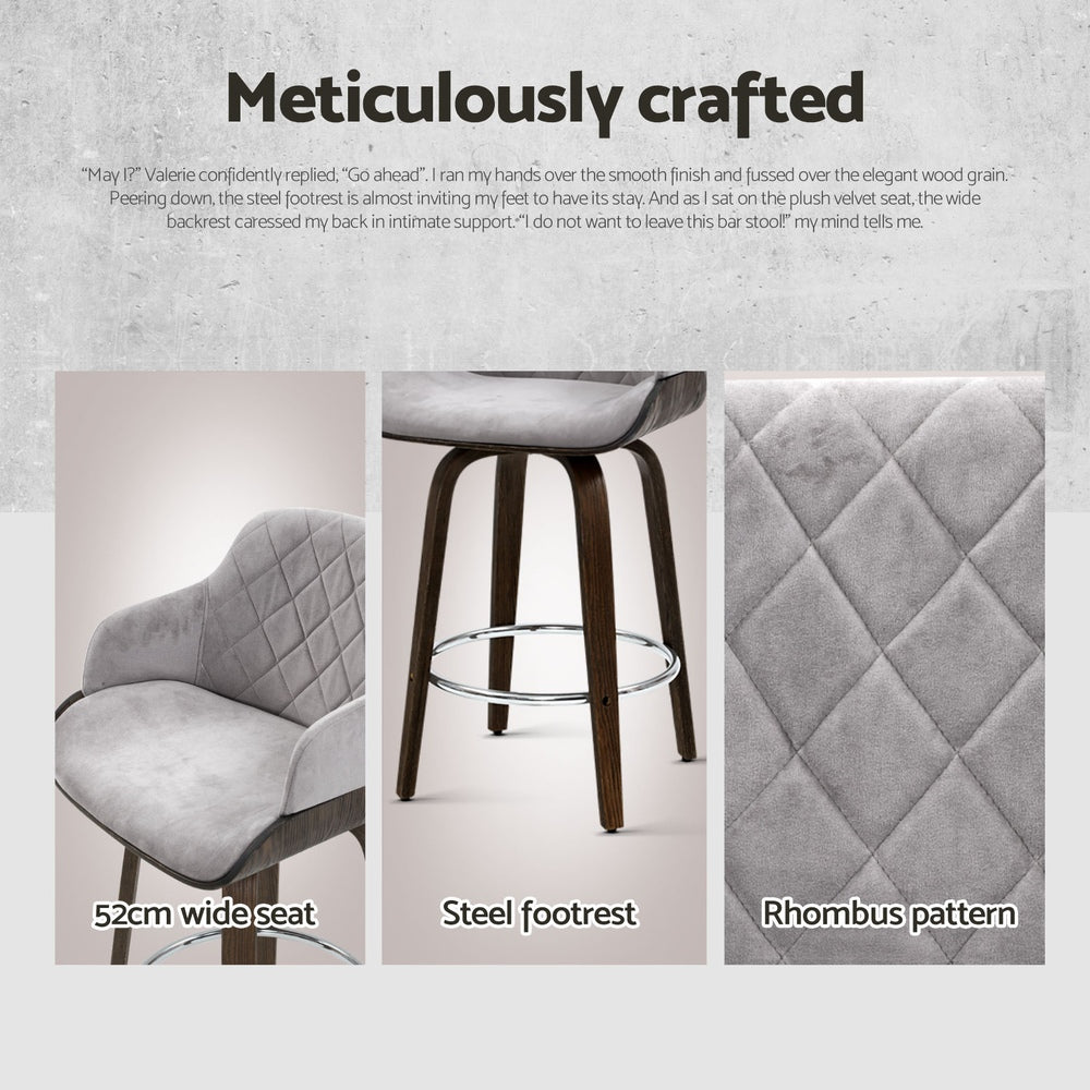 Stool Haven 4 x Bar Stools Swivel Velvet Padded Wooden - Grey