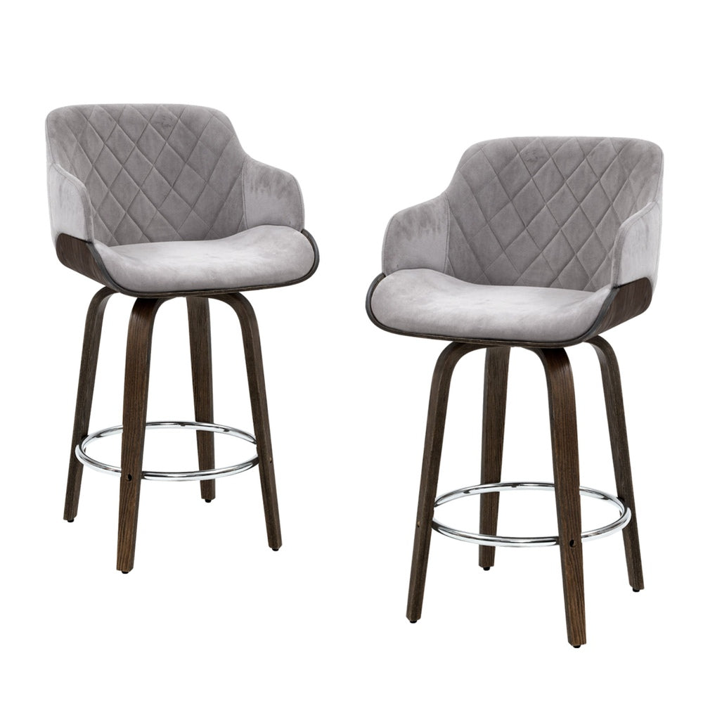 Stool Haven 4 x Bar Stools Swivel Velvet Padded Wooden - Grey