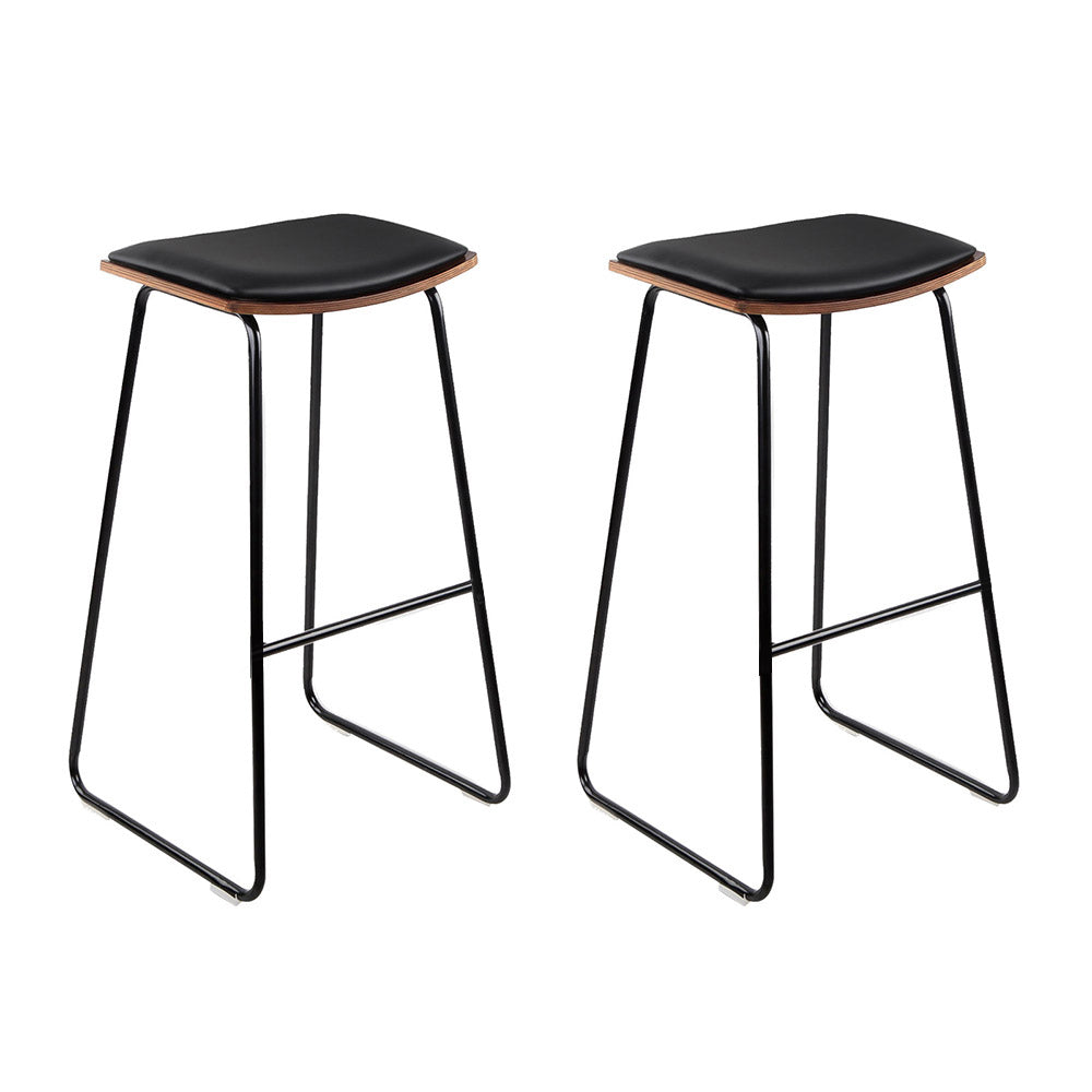 Stool Haven Set of 2 Backless PU Leather Bar Stools - Black and Wood