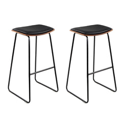 Stool Haven Set of 2 Backless PU Leather Bar Stools - Black and Wood
