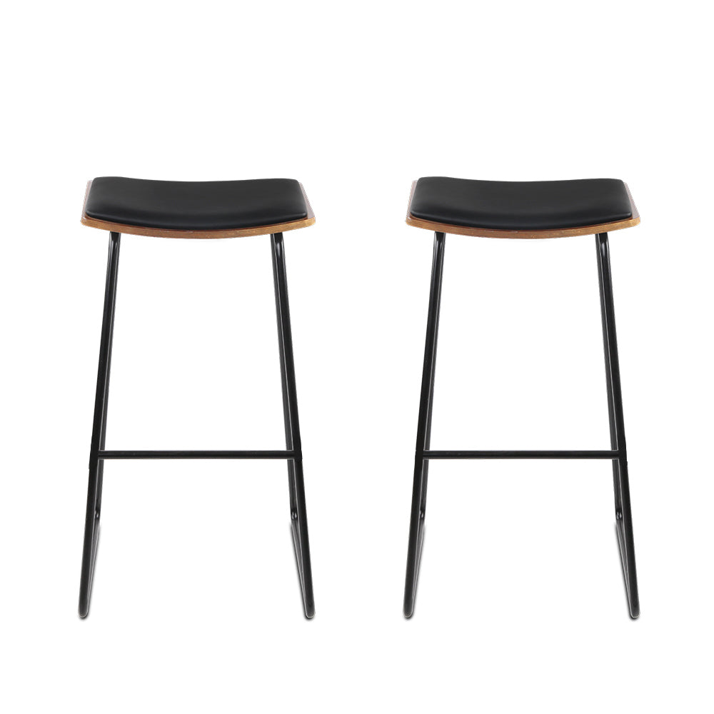 Stool Haven Set of 2 Backless PU Leather Bar Stools - Black and Wood