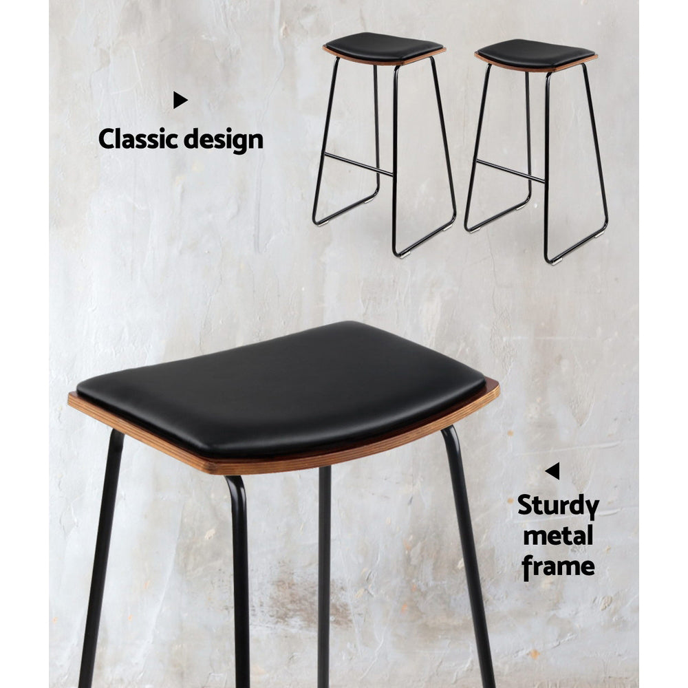 Stool Haven Set of 2 Backless PU Leather Bar Stools - Black and Wood