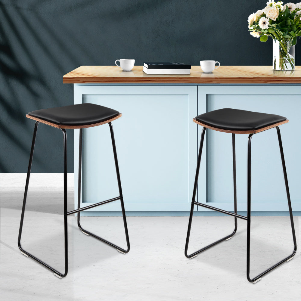 Stool Haven Set of 2 Backless PU Leather Bar Stools - Black and Wood