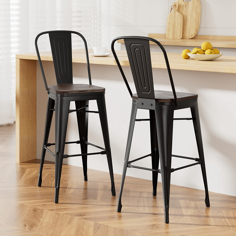 2x Stool Haven Metal Bar Stools Wooden Seat Retro Counter Stool