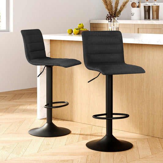 Stool Haven 2x Bar Stools Gas Lift Linen Fabric Black