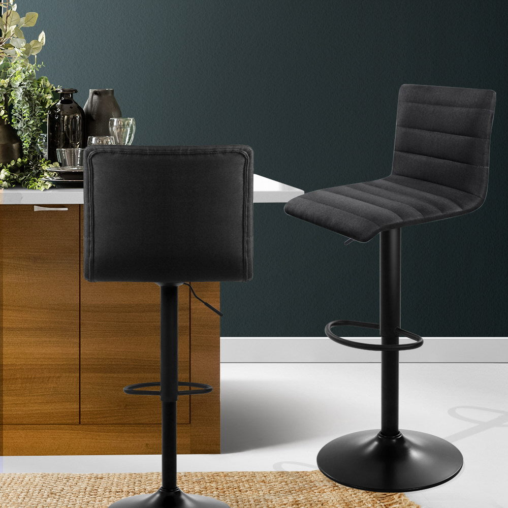 Stool Haven 2x Bar Stools Gas Lift Linen Fabric Black