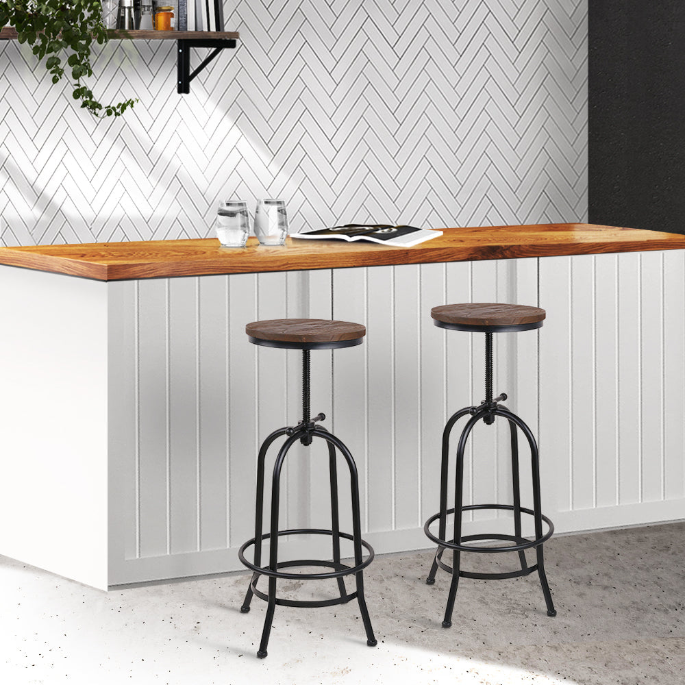 Stool Haven Set of 2 Bar Stool Industrial Round Seat Wood Metal - Black and Brown