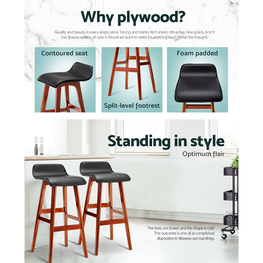 Stool Haven Set of 2 PU Leather Wood Wave Style Bar Stool - Black