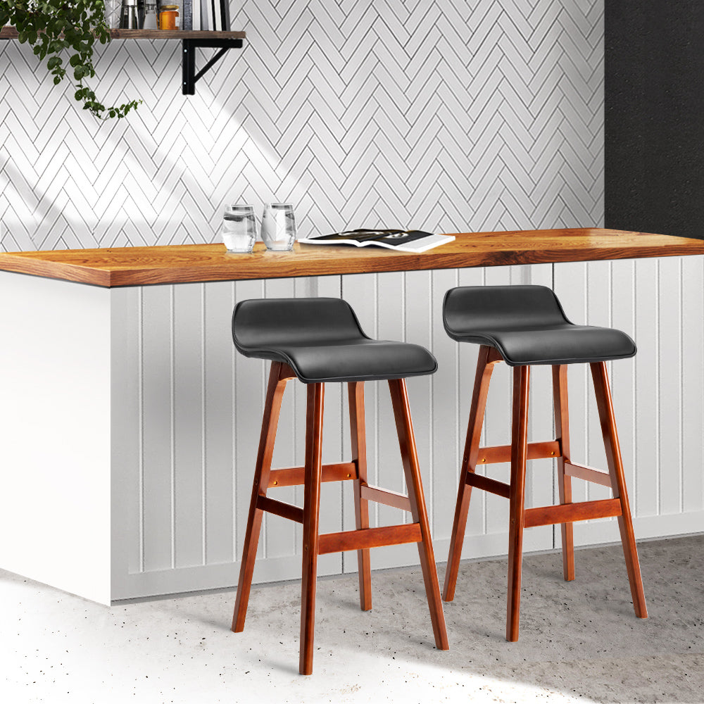 Stool Haven Set of 2 PU Leather Wood Wave Style Bar Stool - Black