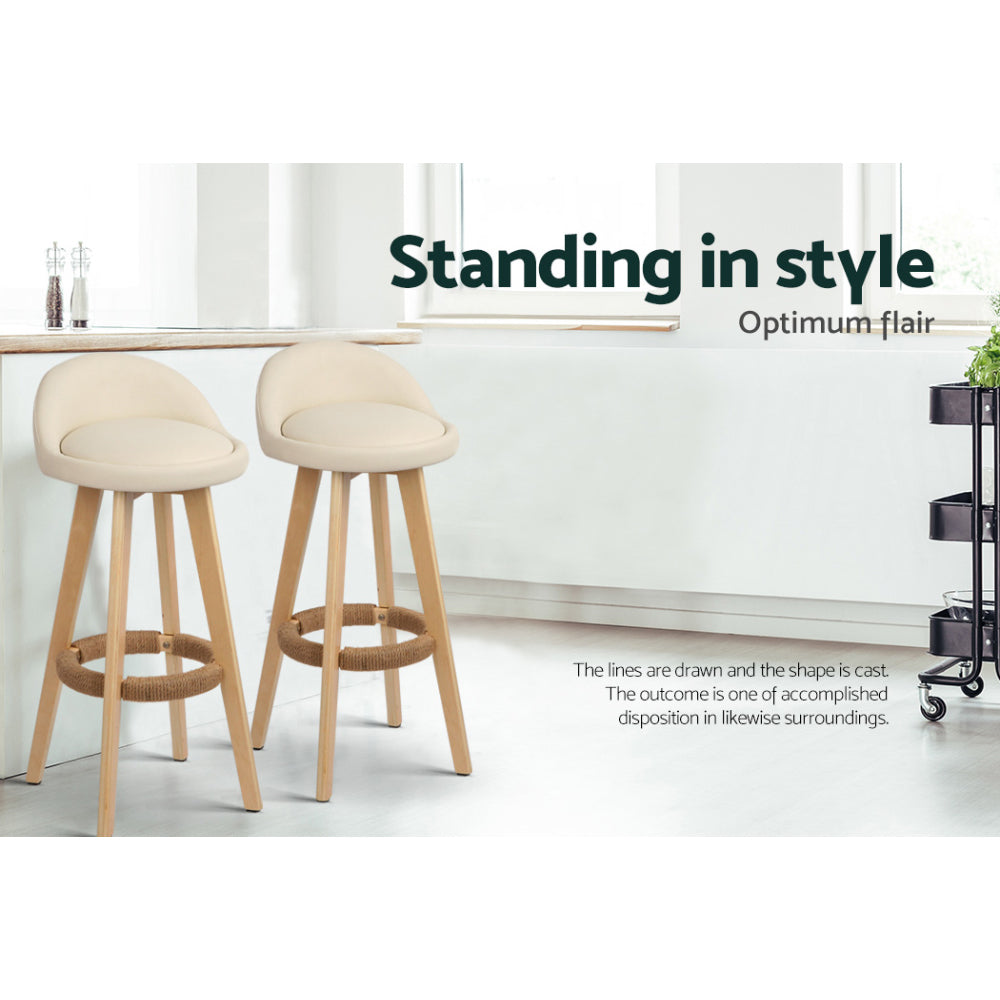 Stool Haven 4x Bar Stools Padded Leather Wooden Beige