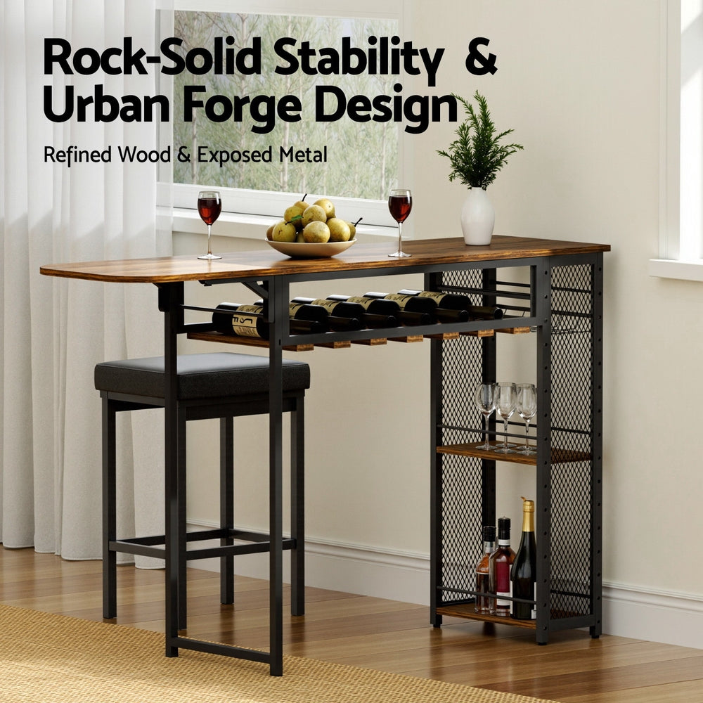 Stool Haven Industrial Bar Table with Wine Rack Built-in Cup Holder Extendable 140cm