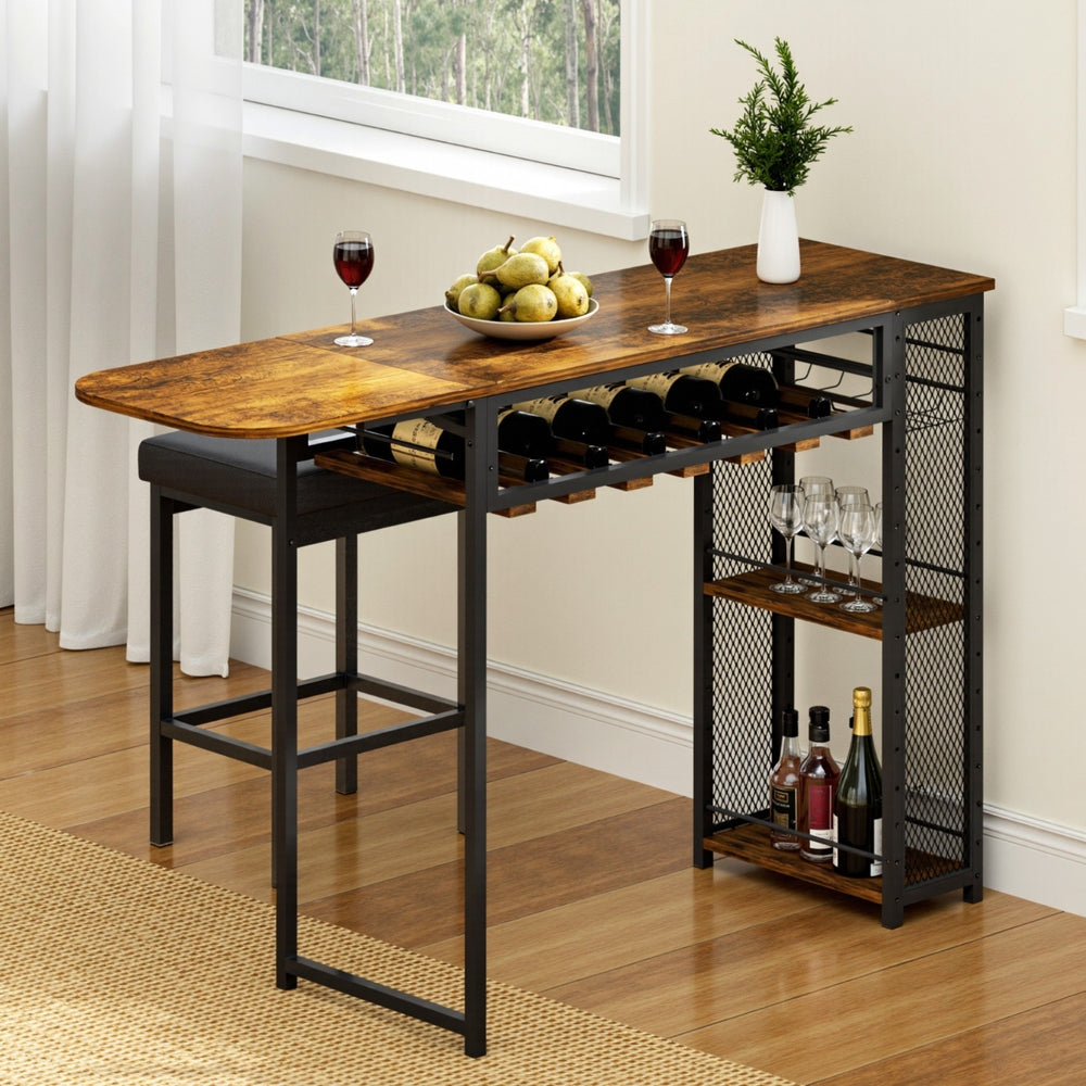 Stool Haven Industrial Bar Table with Wine Rack Built-in Cup Holder Extendable 140cm