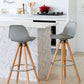 2 PU Leather Padded Barstools (Light Grey/Wood) with Metal Footrest