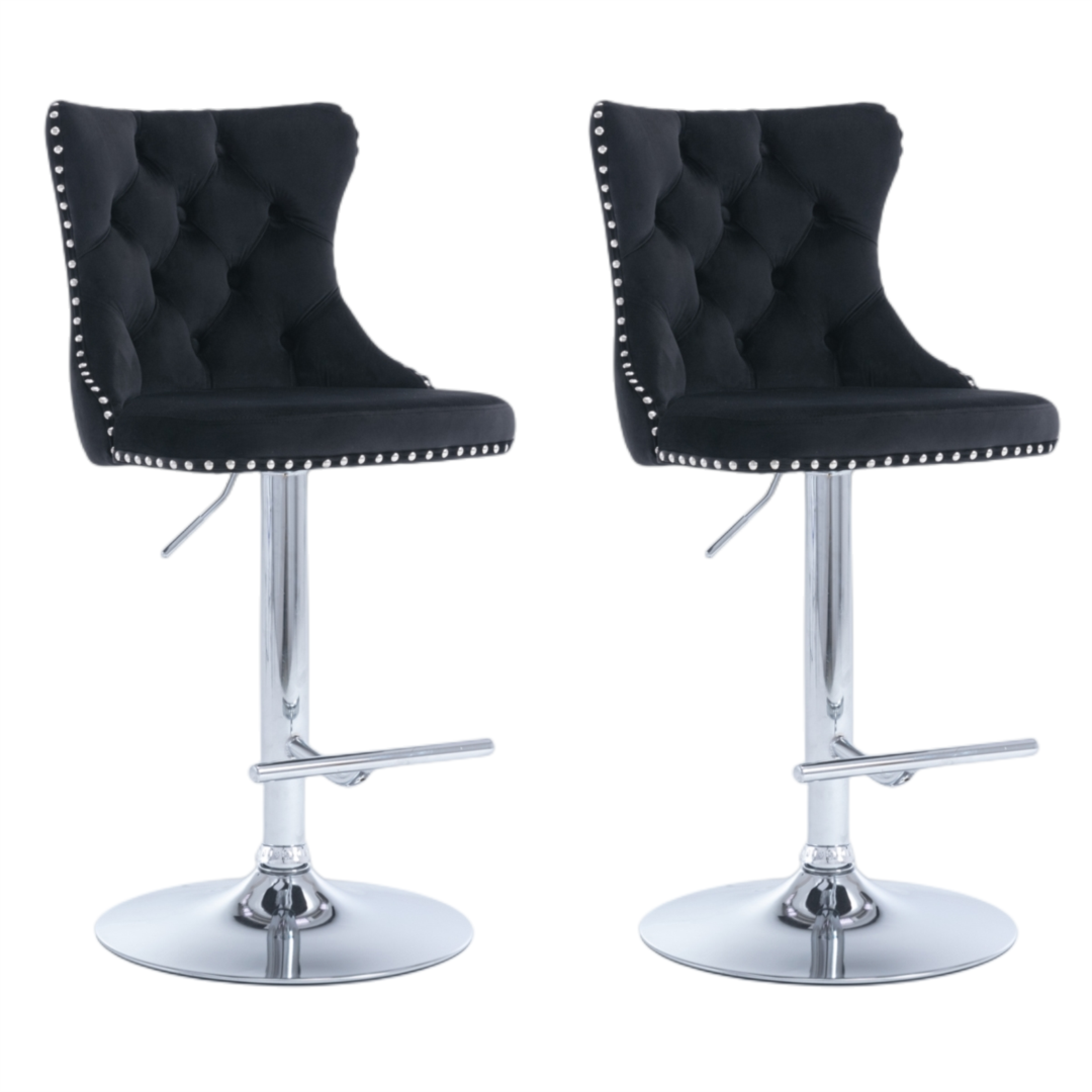 4 x Height Adjustable Swivel Bar Stool Velvet Studs with Footrest and Chromed Base - Black