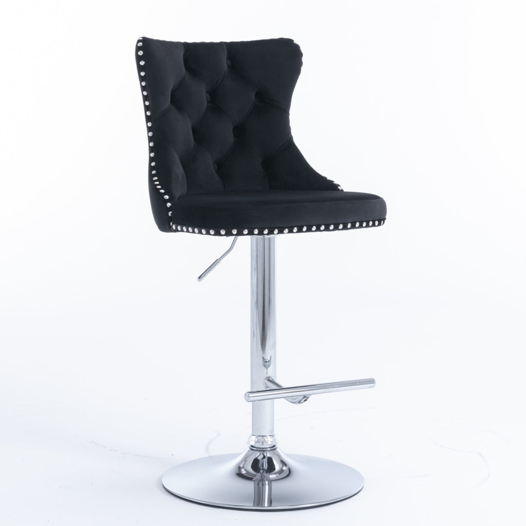 4 x Height Adjustable Swivel Bar Stool Velvet Studs with Footrest and Chromed Base - Black