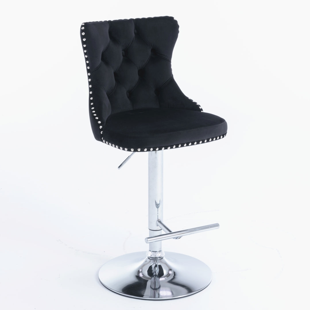 4 x Height Adjustable Swivel Bar Stool Velvet Studs with Footrest and Chromed Base - Black