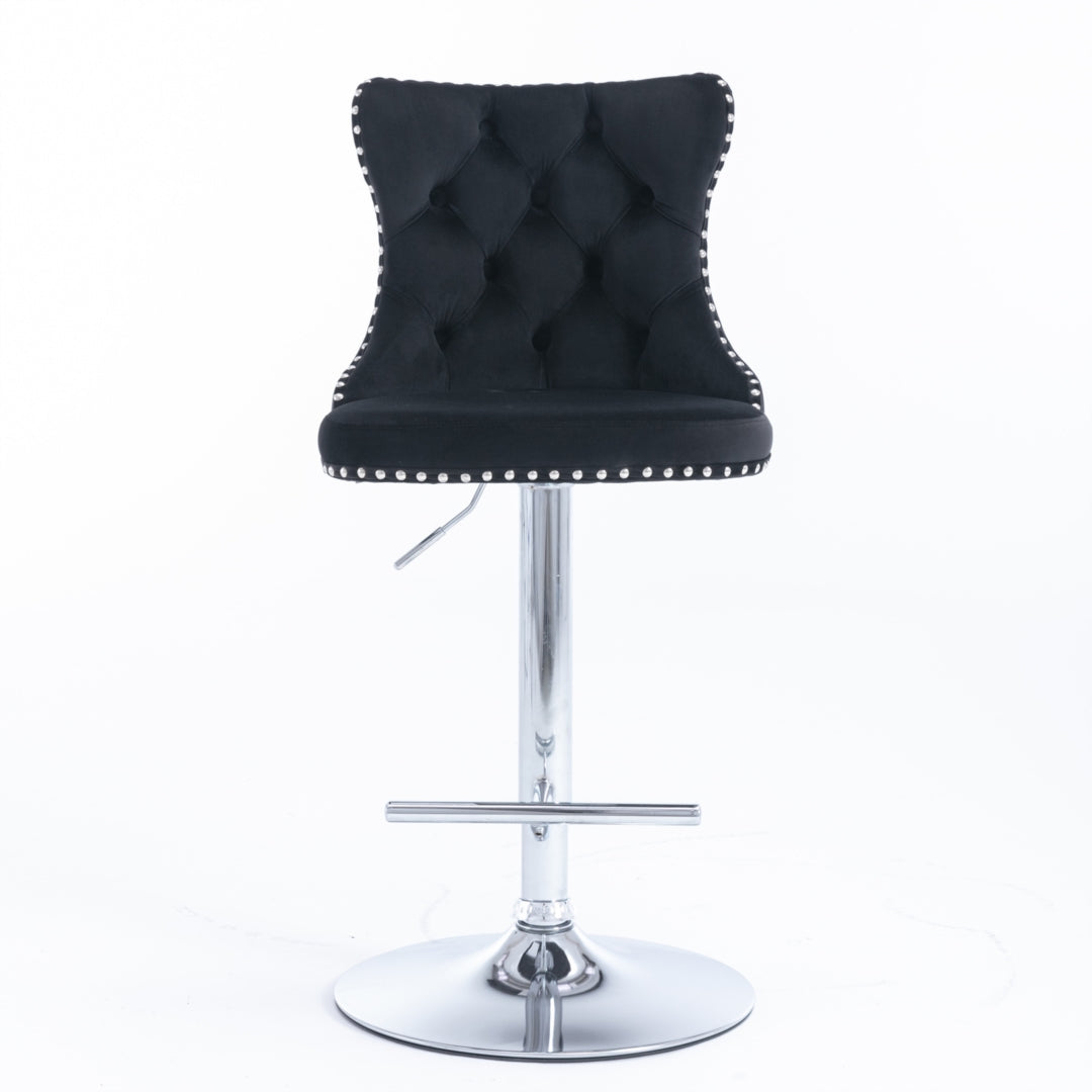 4 x Height Adjustable Swivel Bar Stool Velvet Studs with Footrest and Chromed Base - Black