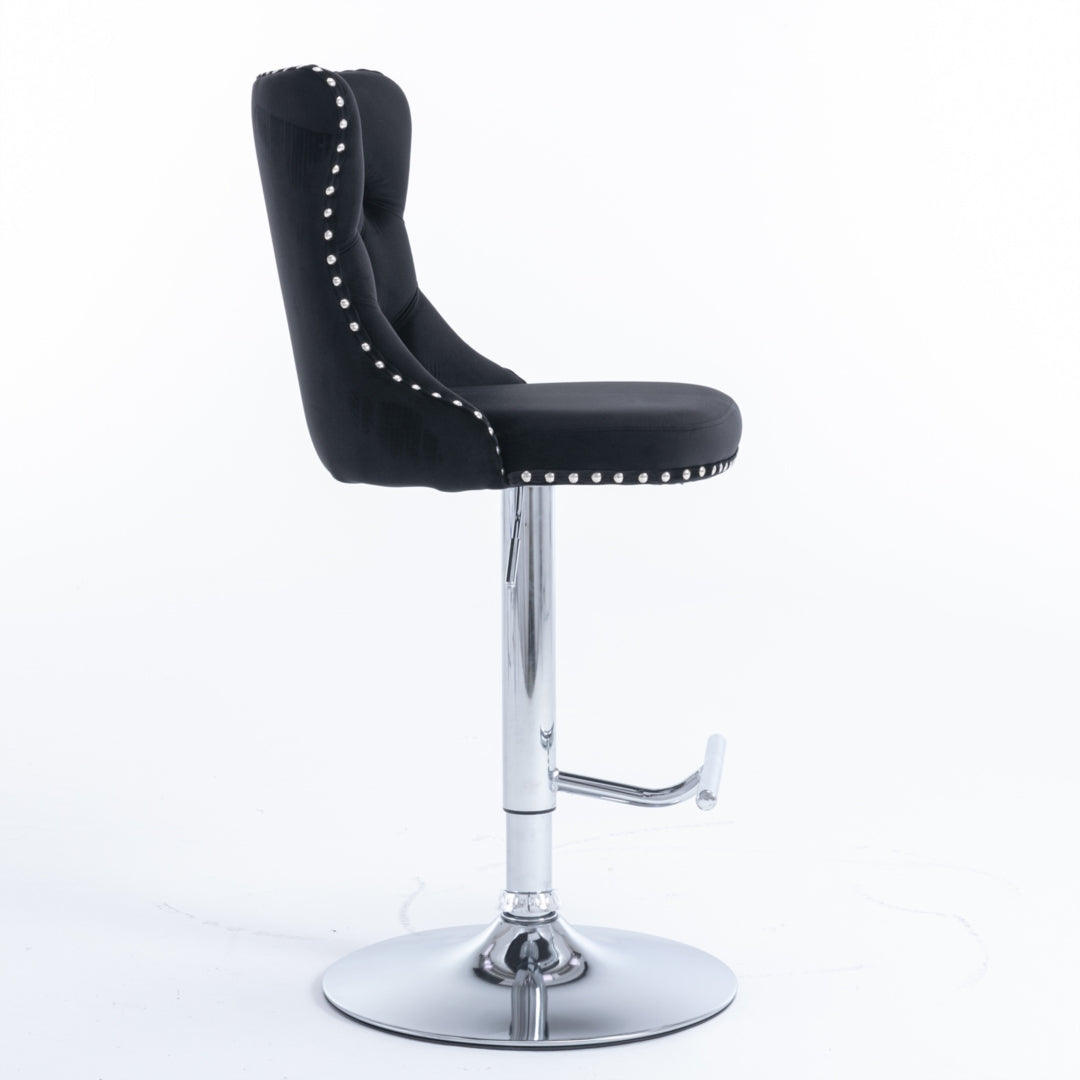 4 x Height Adjustable Swivel Bar Stool Velvet Studs with Footrest and Chromed Base - Black