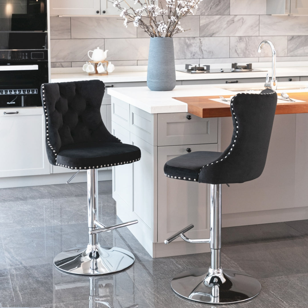 4 x Height Adjustable Swivel Bar Stool Velvet Studs with Footrest and Chromed Base - Black