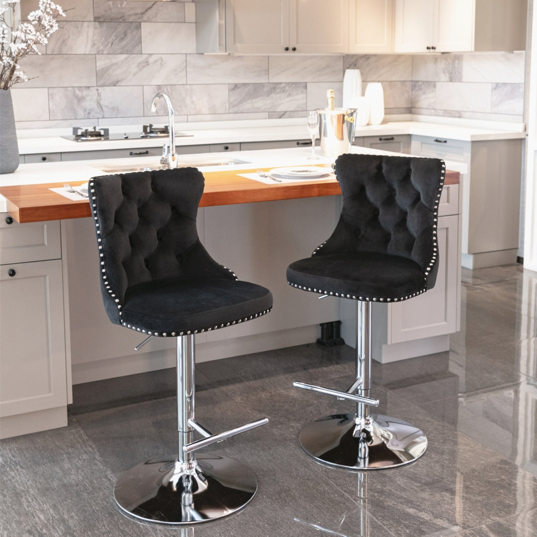 4 x Height Adjustable Swivel Bar Stool Velvet Studs with Footrest and Chromed Base - Black