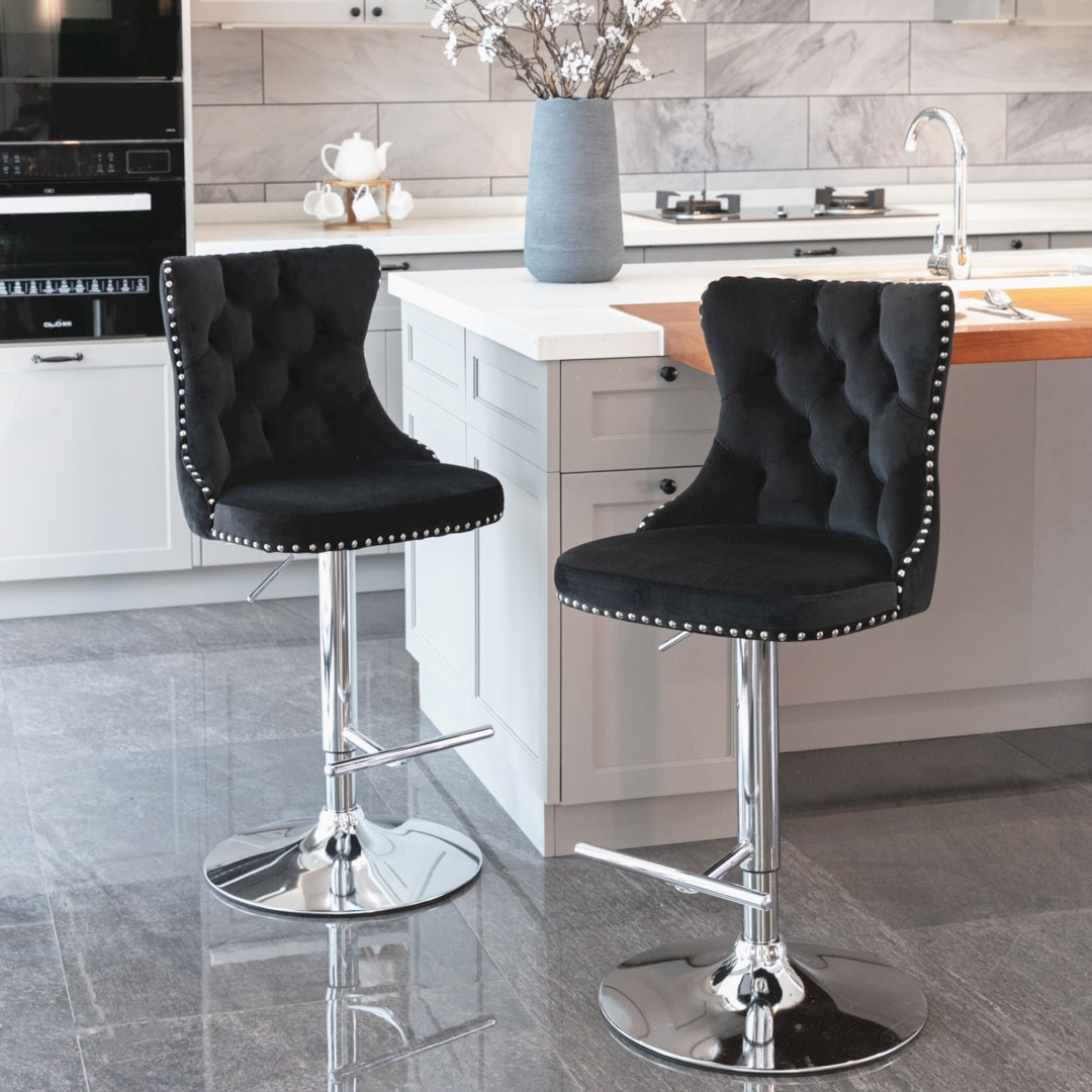 4 x Height Adjustable Swivel Bar Stool Velvet Studs with Footrest and Chromed Base - Black