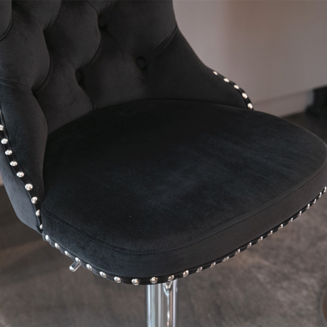 4 x Height Adjustable Swivel Bar Stool Velvet Studs with Footrest and Chromed Base - Black