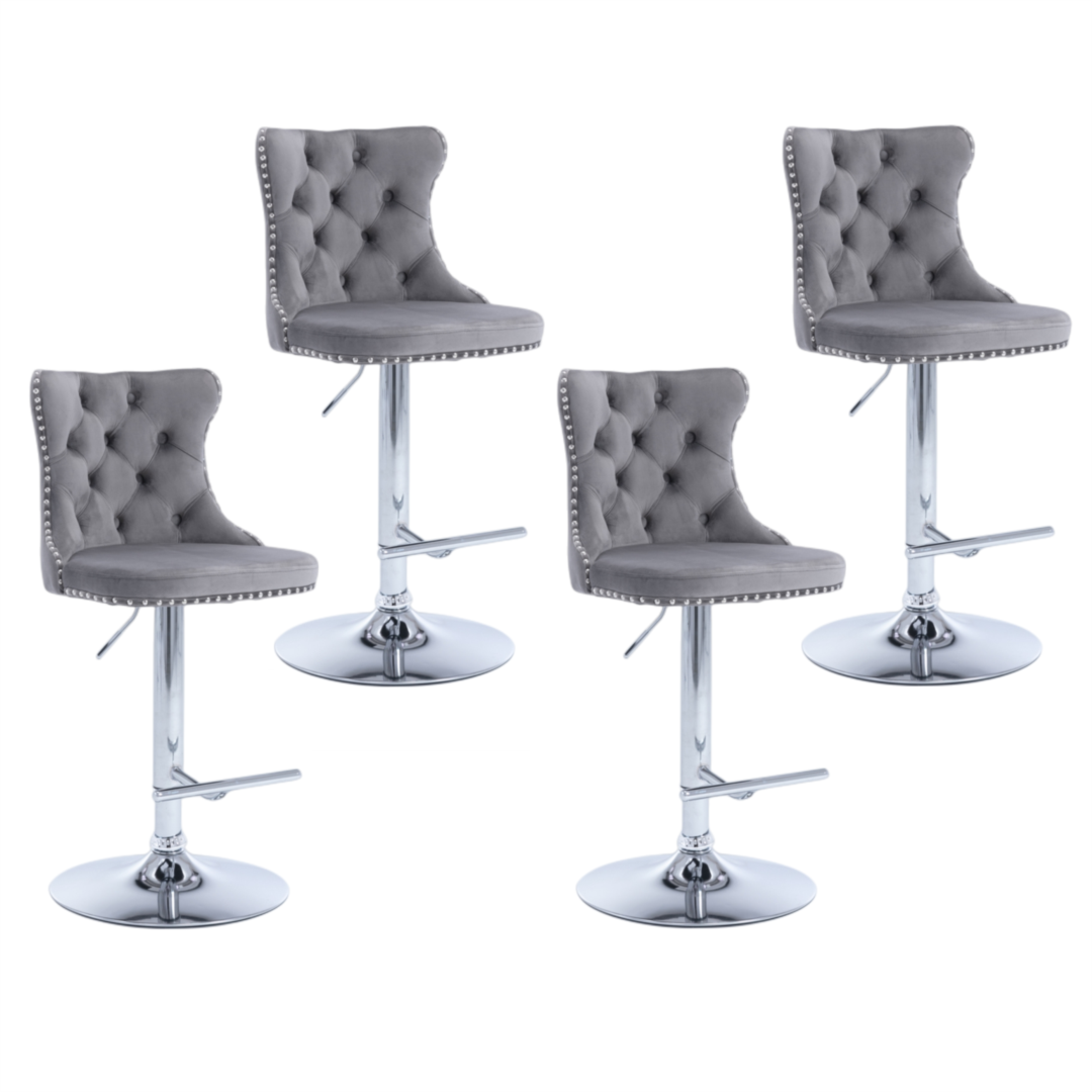 4 x Height Adjustable Swivel Bar Stool Velvet Stud with Footrest and Chromed Base - Gray