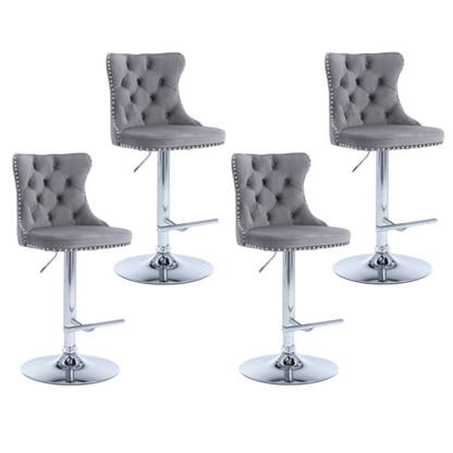 4 x Height Adjustable Swivel Bar Stool Velvet Stud with Footrest and Chromed Base - Gray