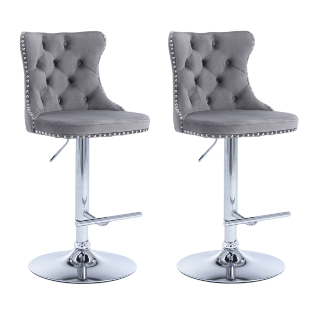 4 x Height Adjustable Swivel Bar Stool Velvet Stud with Footrest and Chromed Base - Gray