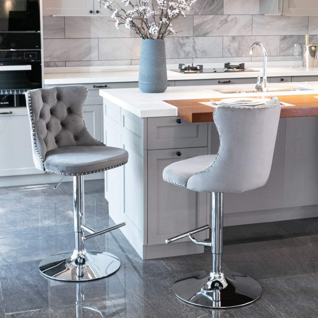 4 x Height Adjustable Swivel Bar Stool Velvet Stud with Footrest and Chromed Base - Gray