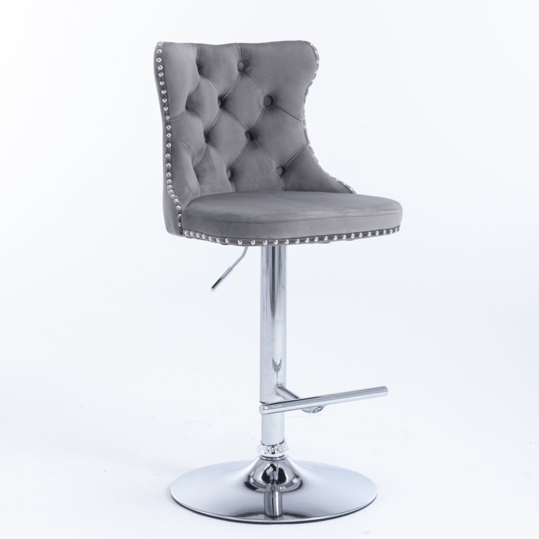 4 x Height Adjustable Swivel Bar Stool Velvet Stud with Footrest and Chromed Base - Gray