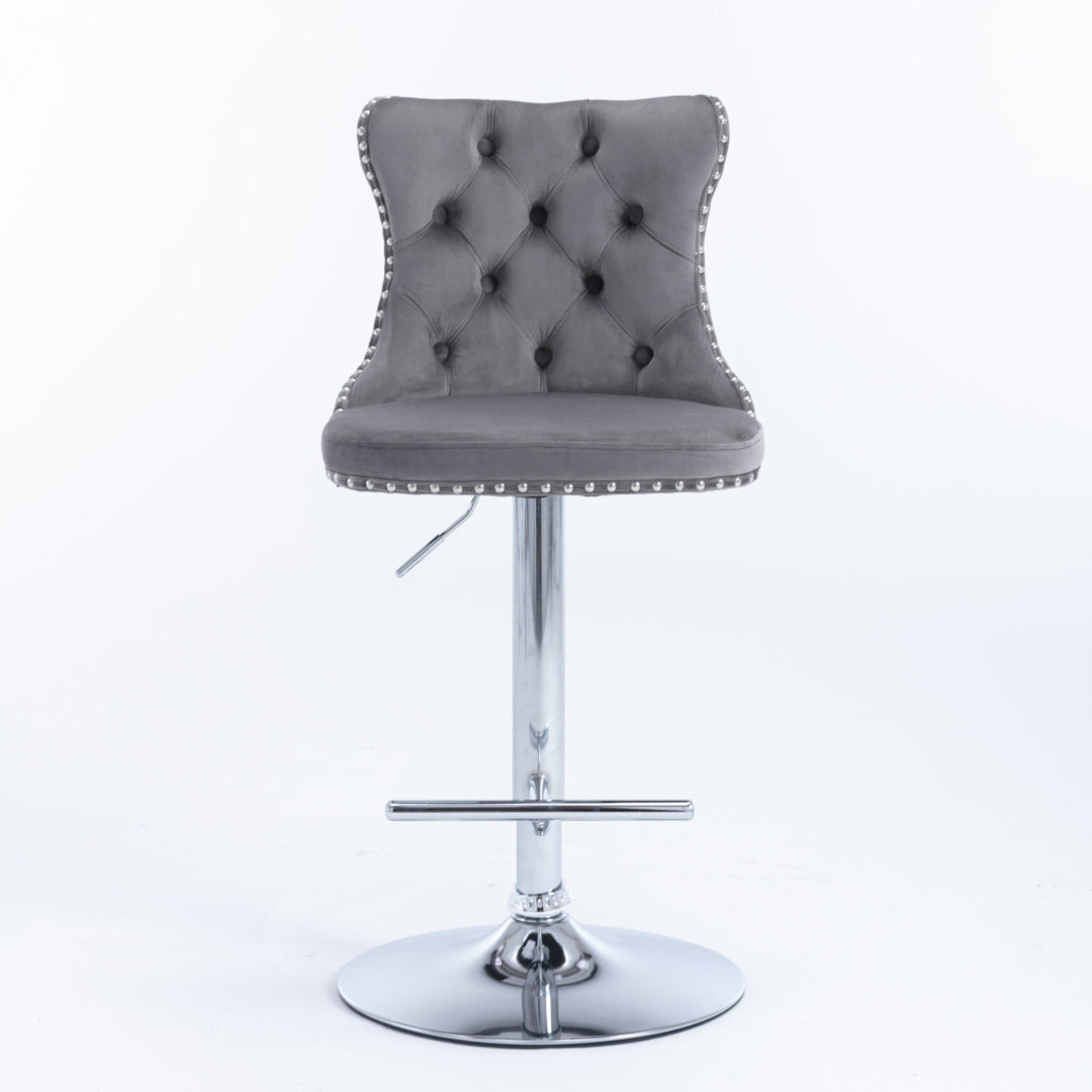 4 x Height Adjustable Swivel Bar Stool Velvet Stud with Footrest and Chromed Base - Gray