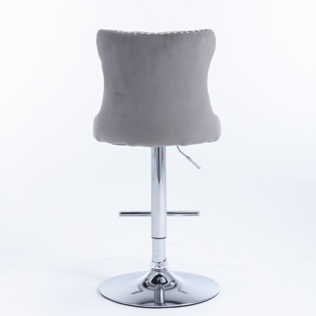 4 x Height Adjustable Swivel Bar Stool Velvet Stud with Footrest and Chromed Base - Gray