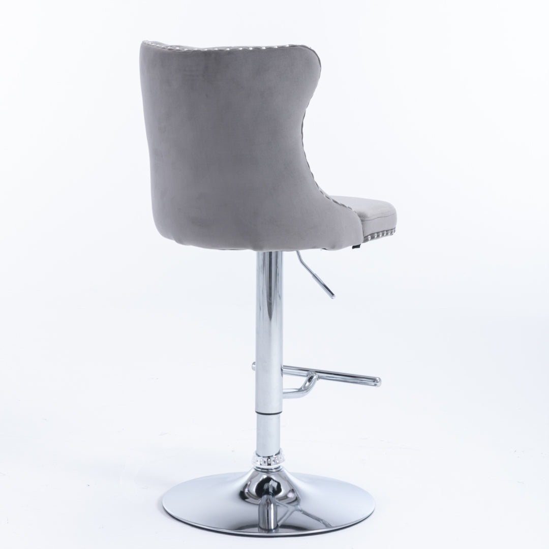 4 x Height Adjustable Swivel Bar Stool Velvet Stud with Footrest and Chromed Base - Gray