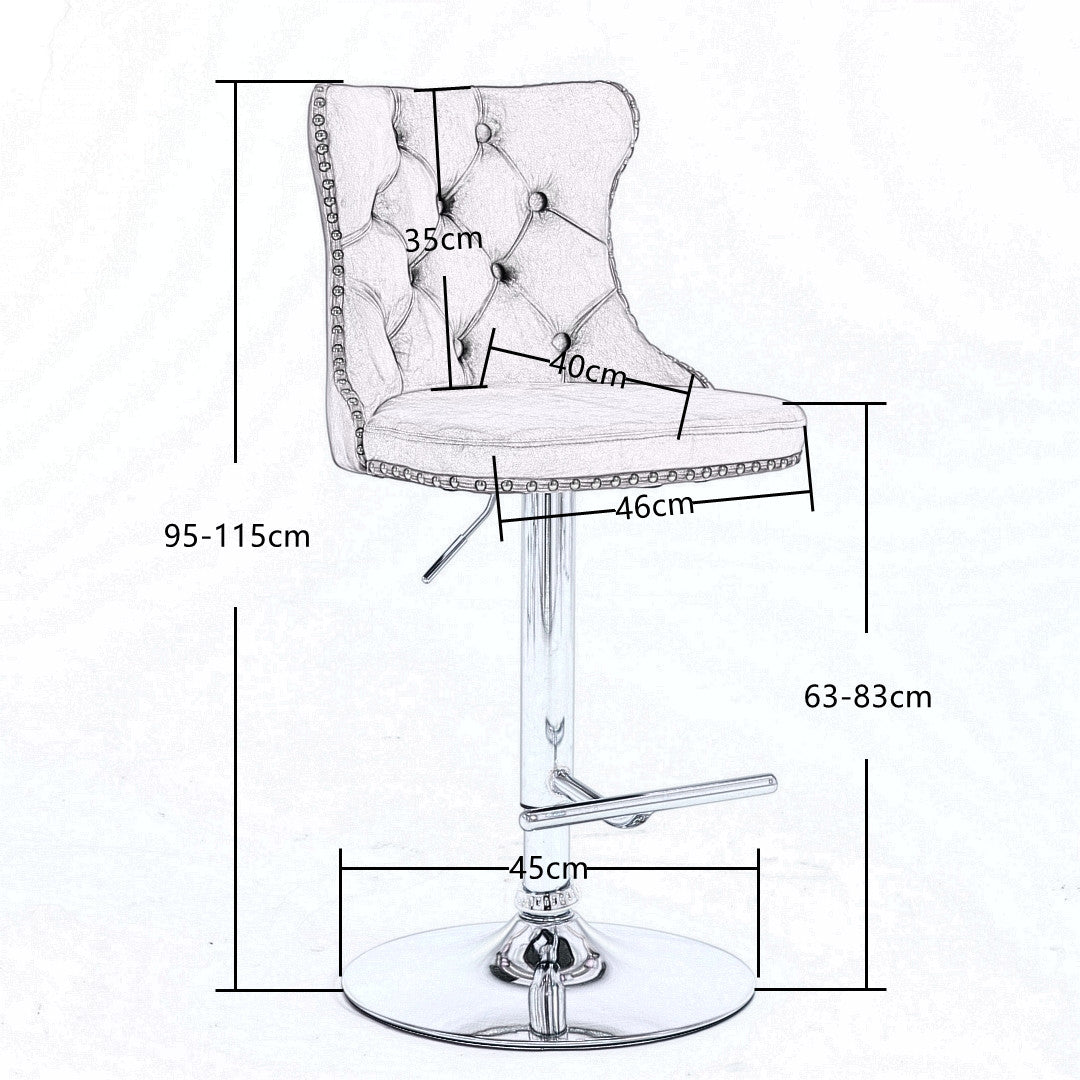 4 x Height Adjustable Swivel Bar Stool Velvet Stud with Footrest and Chromed Base - Gray