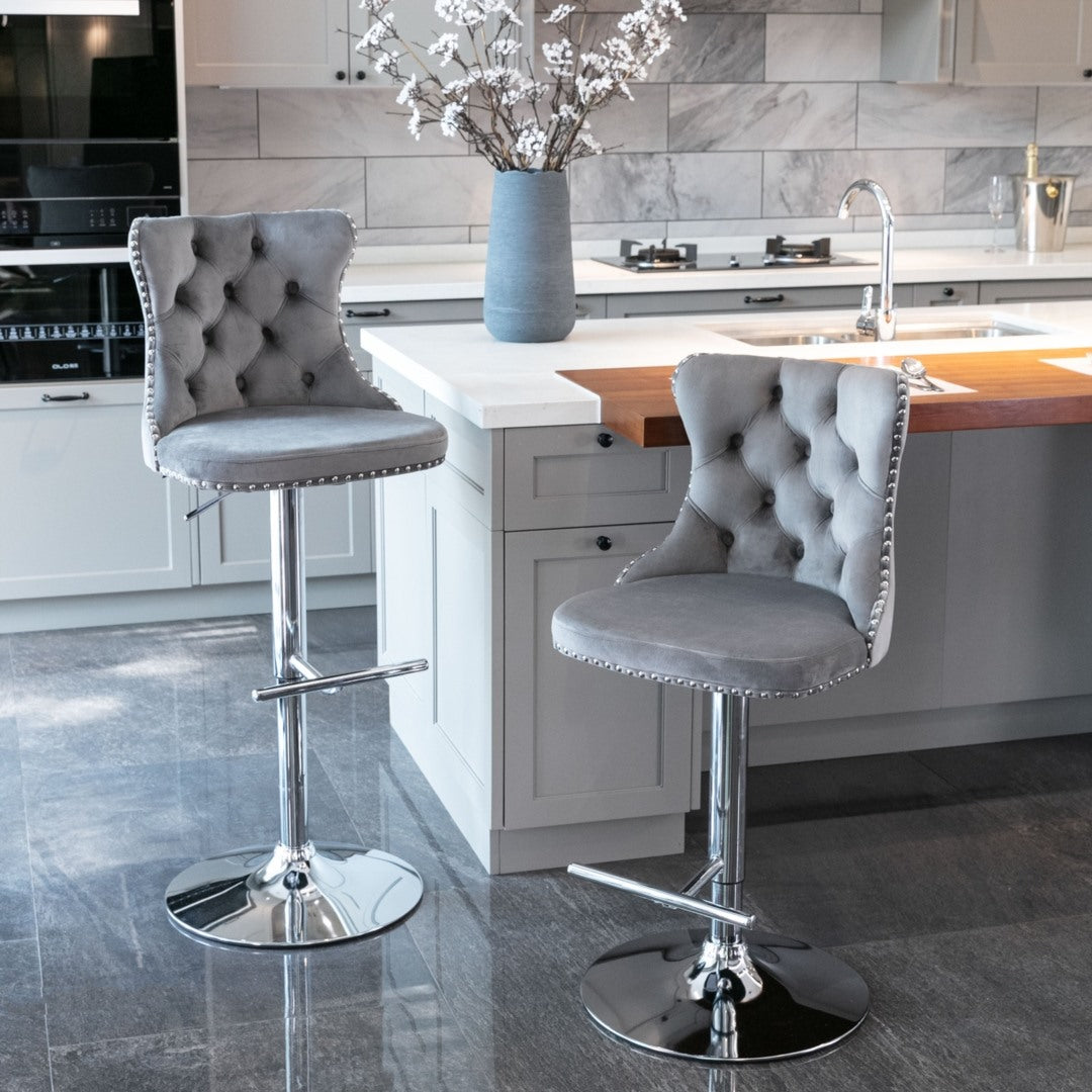4 x Height Adjustable Swivel Bar Stool Velvet Stud with Footrest and Chromed Base - Gray