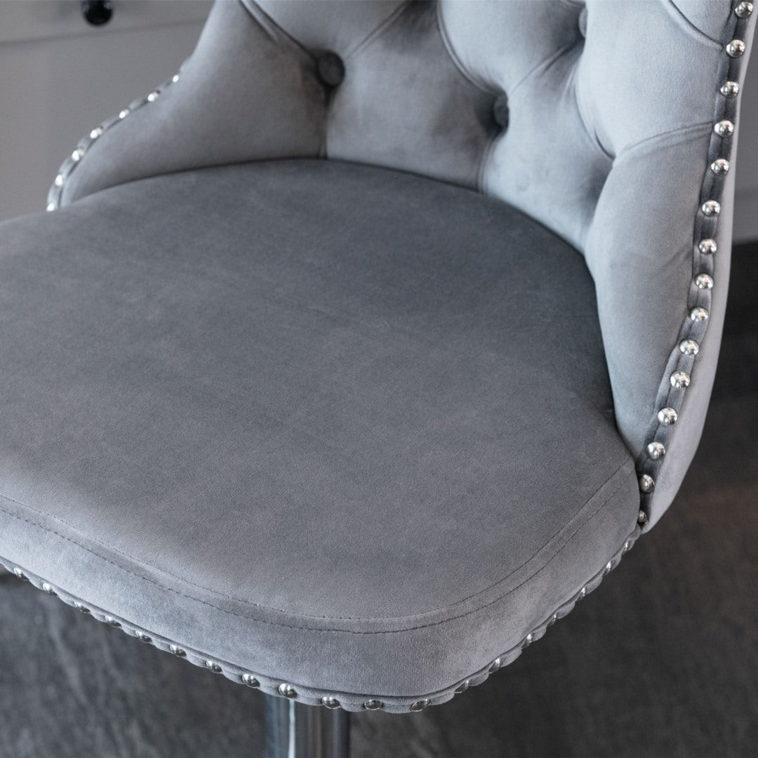 4 x Height Adjustable Swivel Bar Stool Velvet Stud with Footrest and Chromed Base - Gray