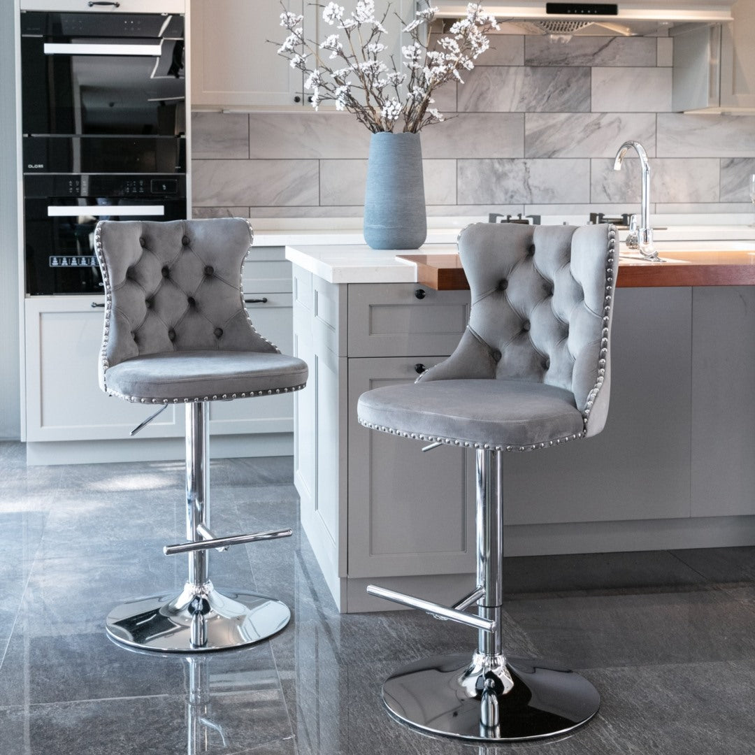 4 x Height Adjustable Swivel Bar Stool Velvet Stud with Footrest and Chromed Base - Gray