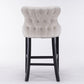 2 x Velvet Upholstered Button Tufted Bar Stools with Wood Legs and Studs - Beige